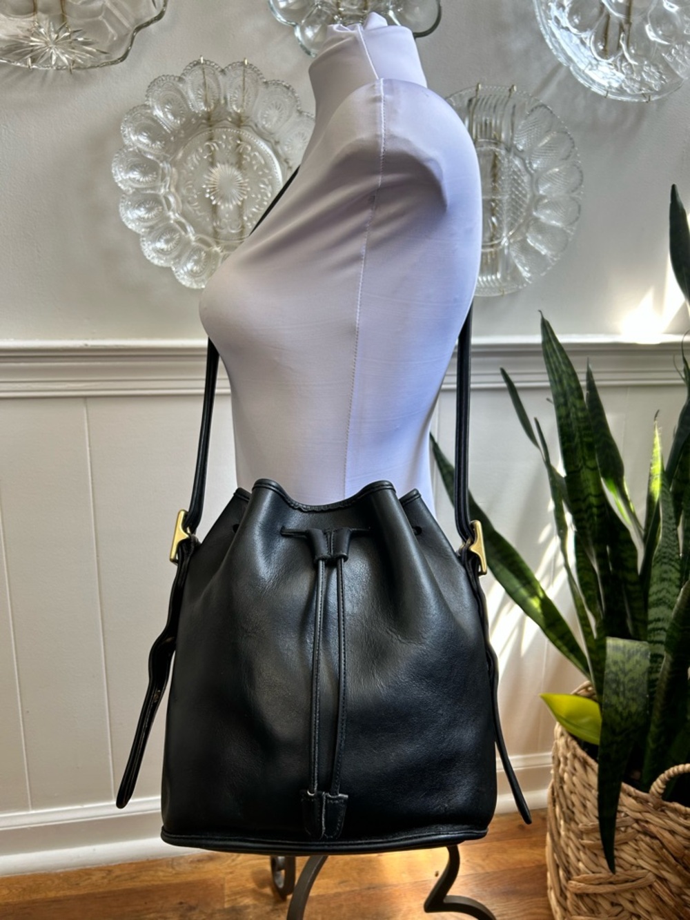 Vintage COACH Lula Legacy Black Drawstring Bucket Bag Brass Hardware